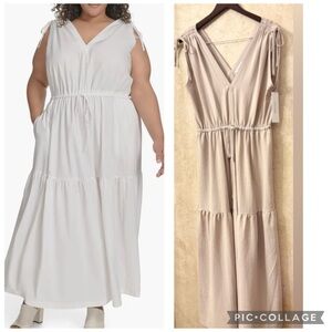 Calvin Klein Commuter Sleeveless Tiered Textured  Beige/Tan Midi Dress